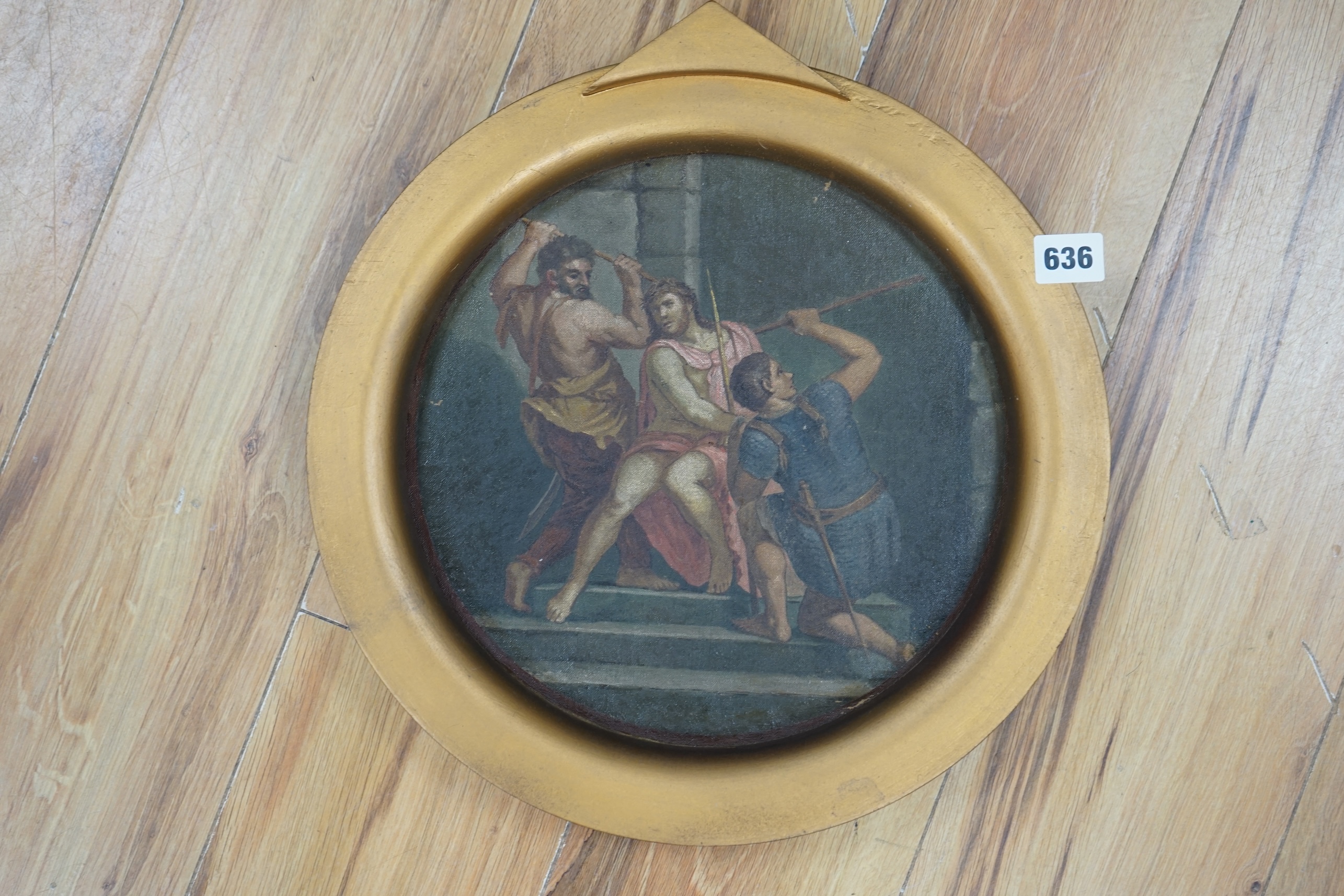 Early 20th century, tondo oil on canvas, Three robed figures, 28cm diameter, gilt framed. Condition - fair to good